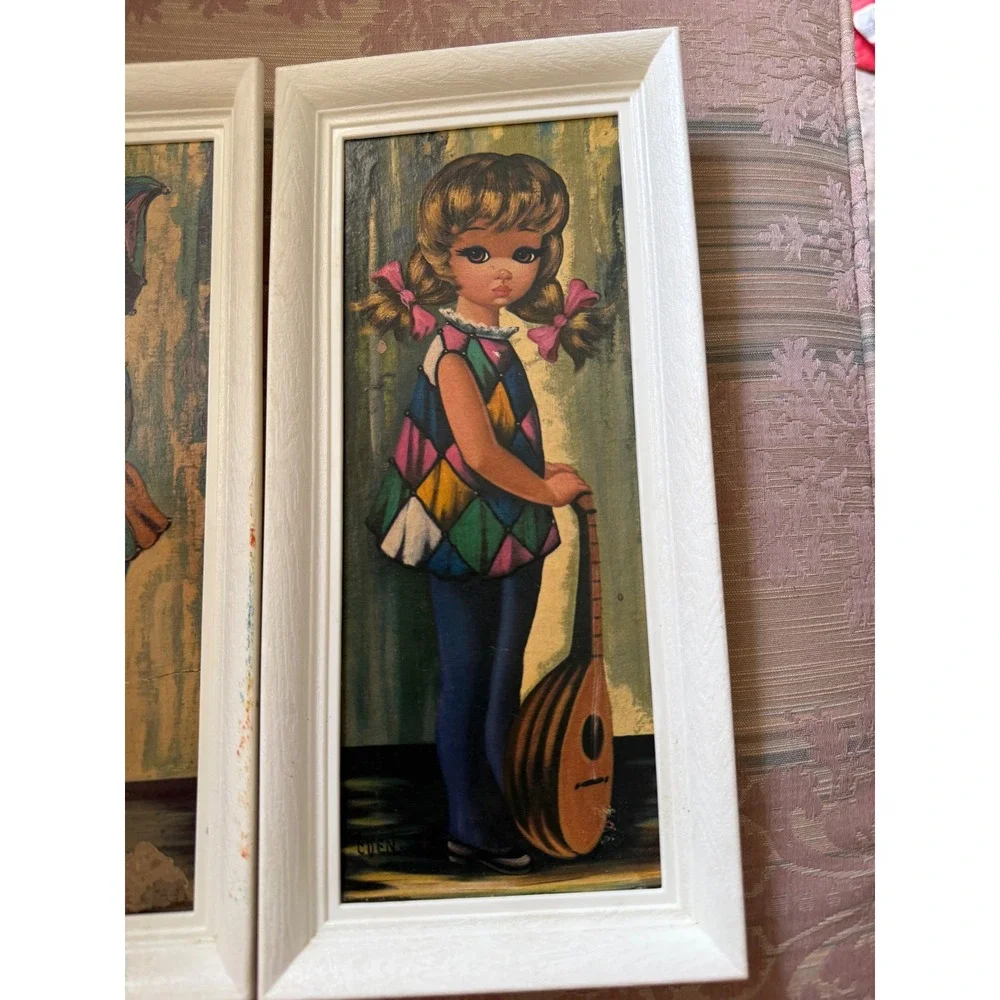 Vintage Big Eye Art Kids Harlequin Prints Set Distressed Mid Century